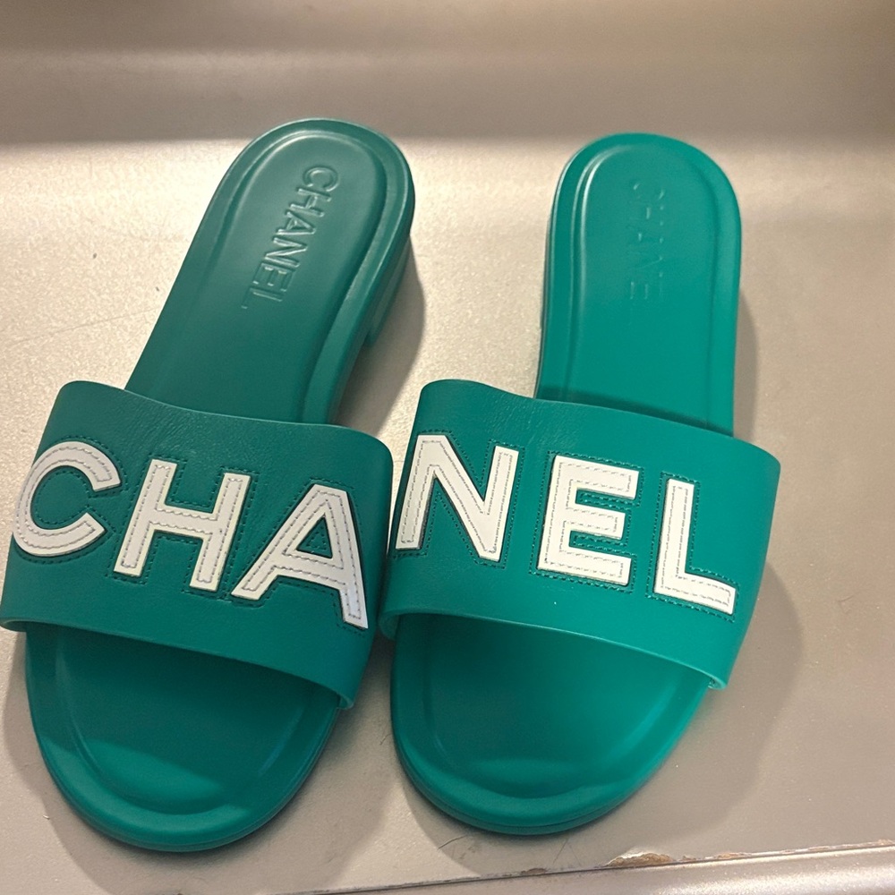 CHANEL Turquoise Slide Sandals